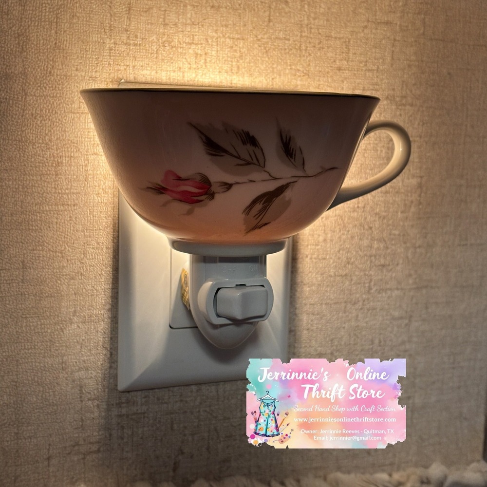 Vintage Porcelain Teacup Night Light Pink Rose Floral PlugIn